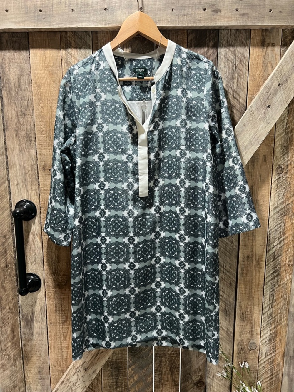 J. Crew Green Patterned Button-Down Tunic Dress with Cream Placket